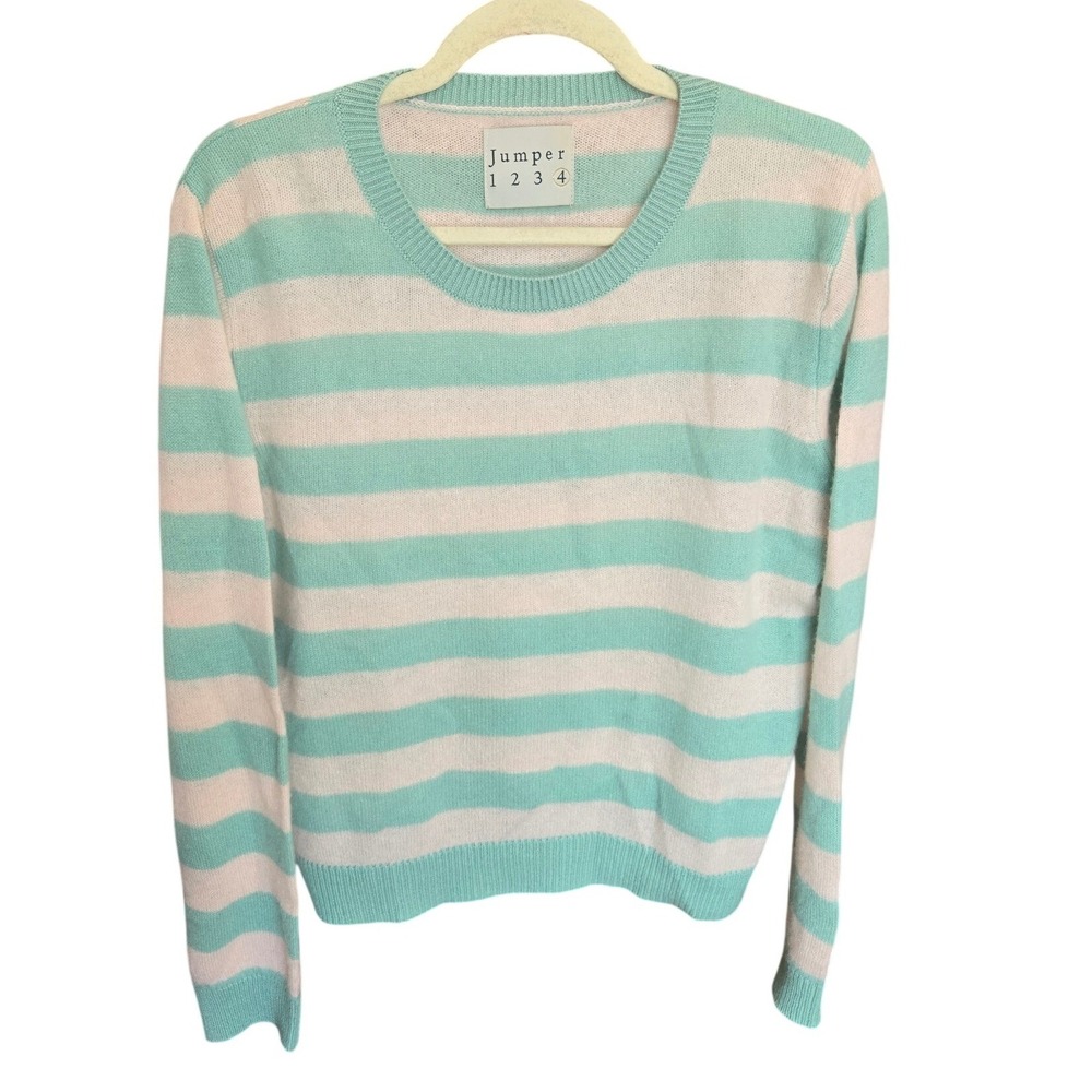 Jumper 1234 Cashmere Sweater Stripe Crewneck Mint Green Pullover Knit 4 Large